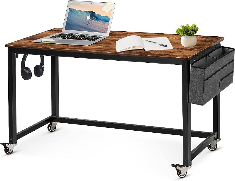 Photo 1 of AHB 55" Rolling Computer Desk with 4 Smooth Wheels, Simple Style Mobile Writing Desk Home Office Study Table Movable Workstation with Metal Frame