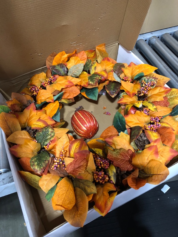 Photo 2 of 24 Fall Wreath Thanksgiving Decorations for Front Door with Pumpkins Pinecone Berry Artificial Maples Leaves Wreath Autumns Harvest Fall Thanksgivings Halloween Decoration Indoor Outdoor 24 Inch Pumpkins