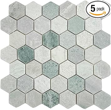 Photo 1 of Ming Green 2 Inch Hexagon Polished Marble Mosaic Tile for Floor and Wall Tile, Shower Surrounds, Accent Walls, Kitchen Backsplashes, and Residential Uses (Box of 5 Sheets)
