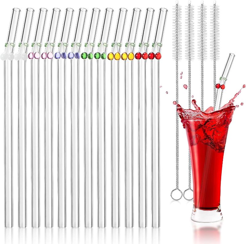 Photo 1 of 12 Pcs Reusable Glass Straws 7.9 in x 8 mm Resistant Bend Glass Straw with 4 Cleaning Brush for Smoothies Cocktail Bar Milkshake Juice Tea Drinking (Cherry)
