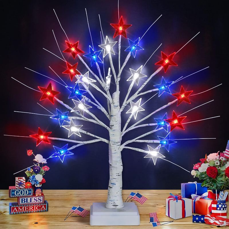 Photo 1 of 4th of July Decorations 18 Inch Patriotic Decor Tree with 24 Red White Blue LED Star Lights, USB/Battery Operated Fourth of July Decor Tree Light Memorial Day Decorations for Home Table Party [Timer]
