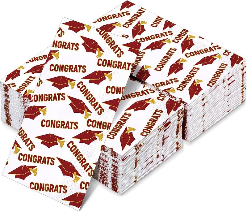 Photo 1 of 100 Pieces Graduation Napkins 2023 Disposable Congrats Grad Cap Class of 2023 Graduation Paper Napkins Graduation Party Decoration Supplies for High School College(Maroon Color, Congrats