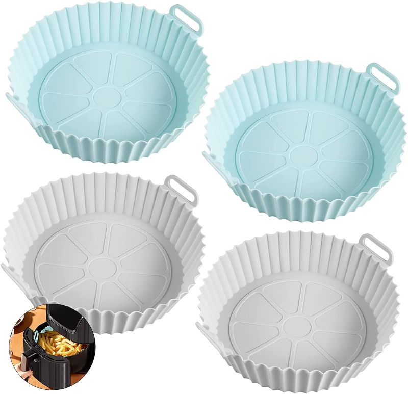 Photo 1 of 4 PCS Air Fryer Silicone Liners with Handle, Reusable Air Fryer Silicone Basket Waterproof Oil-proof Food Grade Easy to Clean (Blue + Grey)
