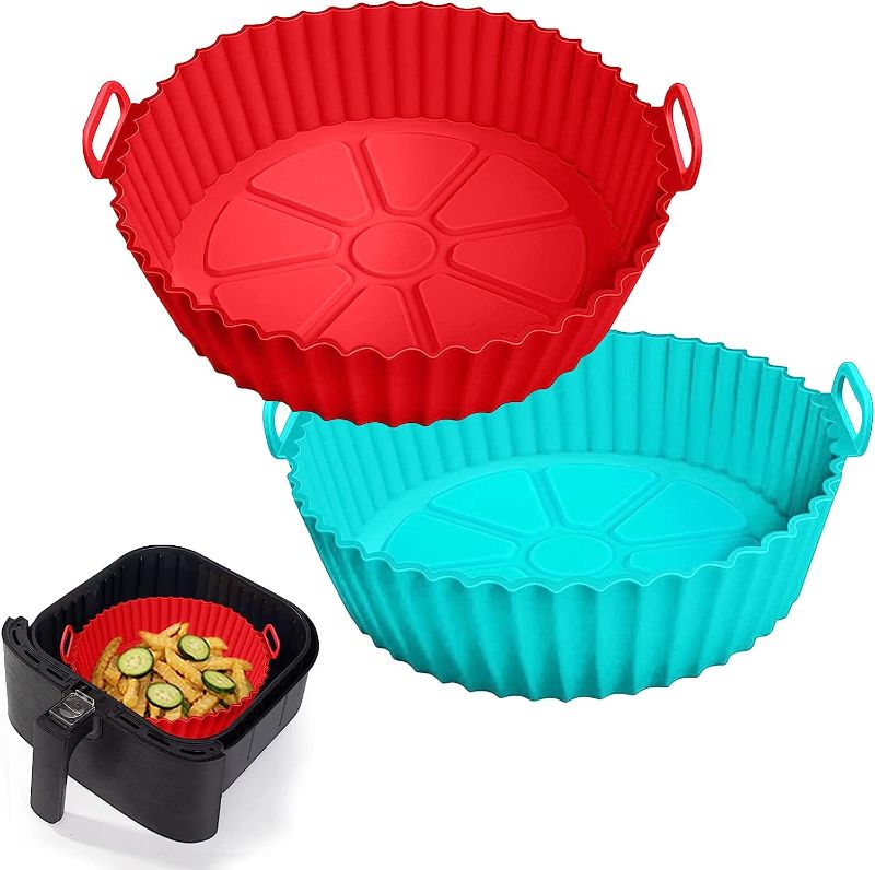 Photo 1 of 2 Pack Air Fryer Silicone Liners Pot for 3 to 5 QT, Air Fryer Silicone Basket Bowl, Replacement of Flammable Parchment Paper, Reusable Baking Tray Oven Accessories, Red+Blue, (Top 8in, Bottom 6.75in)
