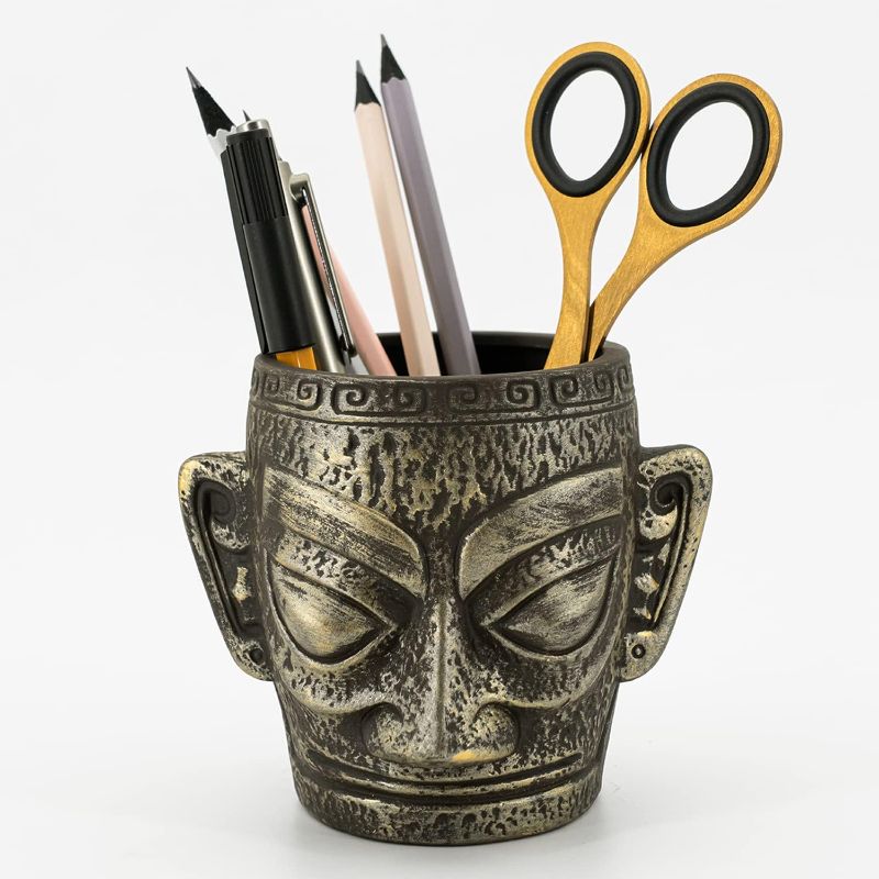 Photo 1 of Happyou Pen Holder for Desk of Sanxingdui Bronze Man,Ceramic Unique Pencil Holder for Office Home Desk Decor
