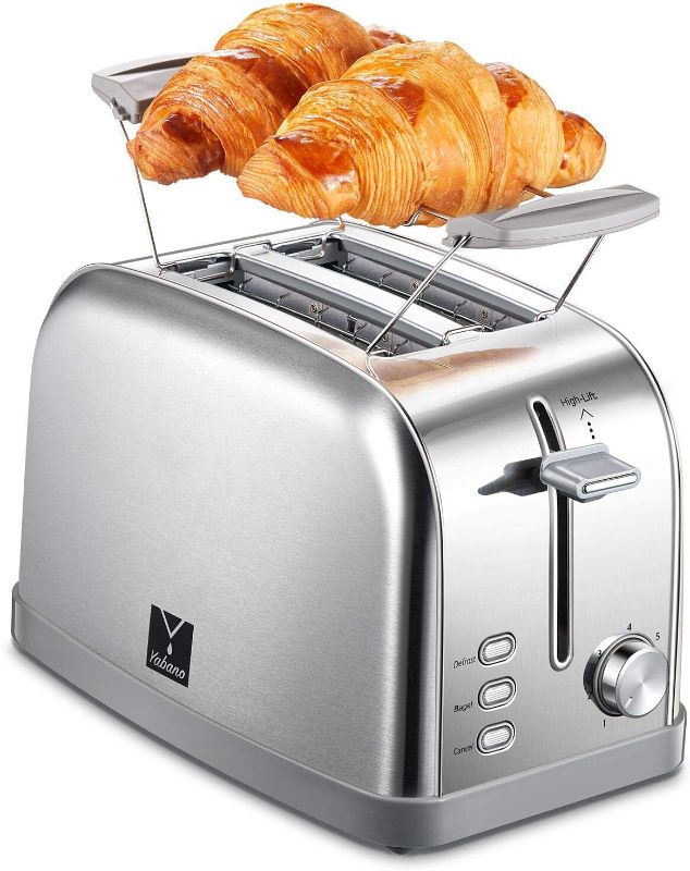 Photo 1 of 2 slice toaster, Retro Bagel Toaster Toaster with 7 Bread Shade Settings, 2 Extra Wide Slots, Defrost/Bagel/Cancel Function, Removable Crumb Tray, Stainless Steel Toaster by Yabano, Silver
