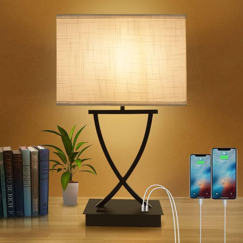 Photo 1 of OYedis 3-Way Dimmable Touch Control Table Lamp with Type C/USB Charging Port and 1 AC Outlet White Linen Shade 21.38" Bedside Nightstand Lamp for Bedroom Living Room Office and Hotel Bulb Included
