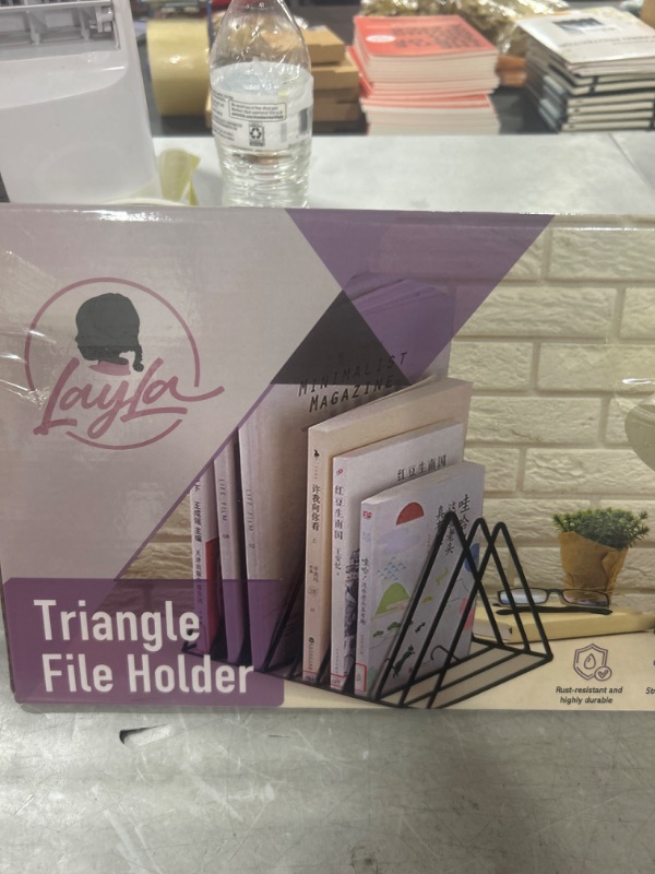 Photo 2 of Triangle File Holder, 9 Slot Metal Wire File Organizer, Magazine, Book, Newspaper, Art & Picture Holder, Sorter for Bookshelf Decor, Desk, Office, Home Or Any Room (Black)