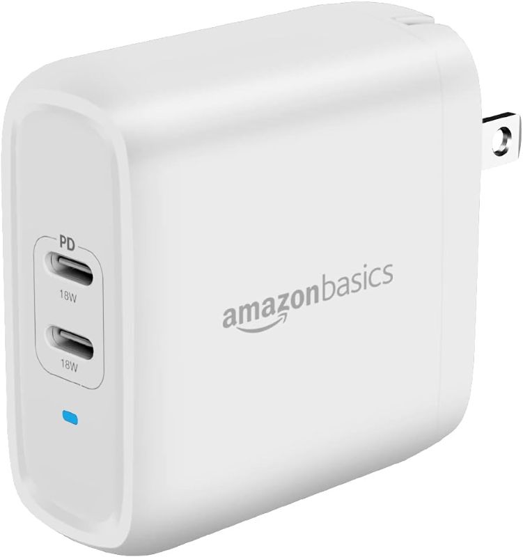 Photo 1 of Amazon Basics 36W Two-Port USB-C Wall Charger With Power Delivery PD For Tablets & Phones (iPhone 14/13/12/11/X,iPad,Samsung), White (non-PPS), 2.34 in x 1.09 in x 2.21 in