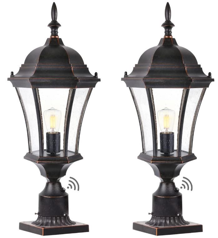 Photo 1 of 2pk of GOALPLUS Dusk to Dawn Outdoor Post Light for Porch, 24" High Exterior Post Lanern with Pier Mount for Yard, Matte Black Outside Lamp Post Light Fixture with Seeded Glass, Waterproof, LMMS4610-M-BK Post Mount 