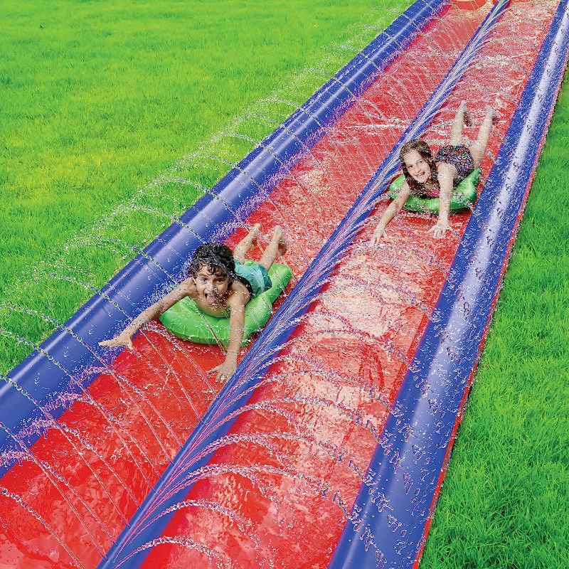 Photo 1 of Double Slip and Slide Backyard Water Fun - 25 Feet x 6 Feet Waterslide with Sprinkler and Inflatable Body Boards for Kids - Outdoor Summer Toy Blue Blue 25 Ft