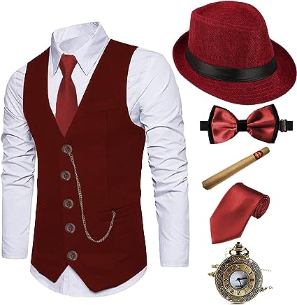 Photo 1 of 1920s Mens Medium Costume Fedora Hat,Gatsby Gangster Vest,Vintage Pocket Watch,Pre Tied Bow Tie,Tie