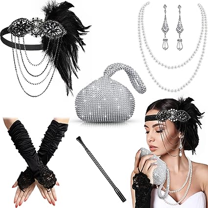 Photo 1 of 1920s Accessories Headband Necklace Gloves Earrings Long Holder Bling Glitter Purse Flapper Women's Costume Accessories Set