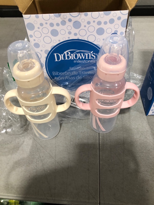 Photo 2 of Dr. Brown’s® Milestones™ Narrow Sippy Bottle with 100% Silicone Handles, Easy-Grip Bottle with Soft Sippy Spout, 8oz/250mL, BPA Free, Light-Pink & Ecru, 2 Pack, 6m+ 2 Pack, Light Pink & Ecru