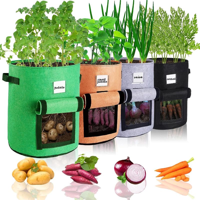 Photo 1 of 4 Pack 10 Gallon Potato Grow Bags with Flap, Thick Fabric Planting Bag, Garden Planter Pots with Durable Handles & Harvest Window for Tomato, Vegetable, Fruits, and Flower