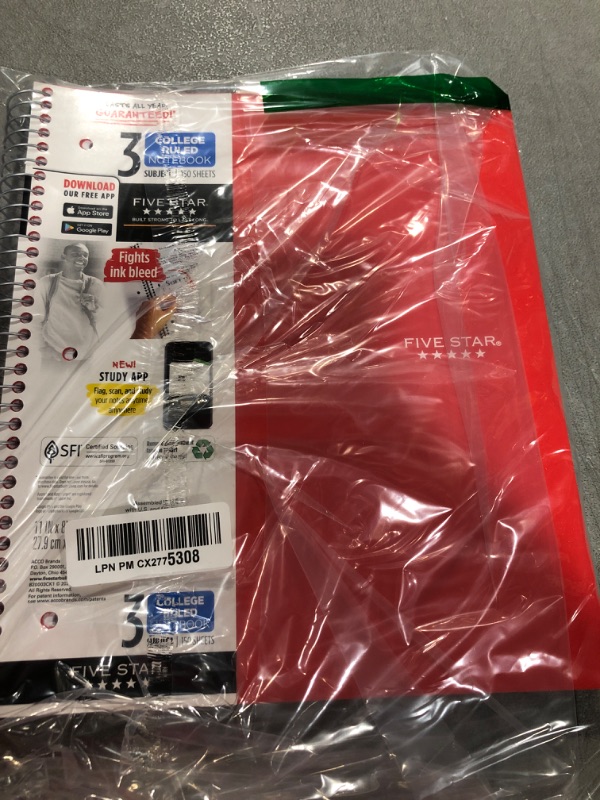 Photo 2 of Five Star Spiral Notebook + Study App, 3 Subject, College Ruled Paper, Fights Ink Bleed, Water Resistant Cover, 8-1/2" x 11", 150 Sheets, Red (72065) Red 11" x 8 1/2"