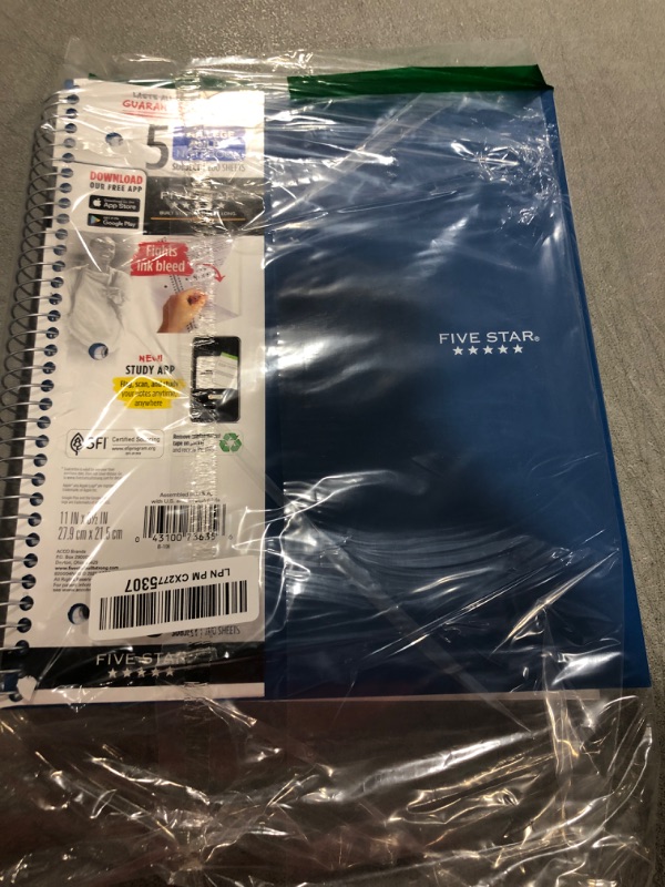 Photo 2 of Five Star Spiral Notebook + Study App, 5-Subject, College Ruled Paper, Fights Ink Bleed, Water Resistant Cover, 8-1/2" x 11", 200 Sheets, Blue (73635)