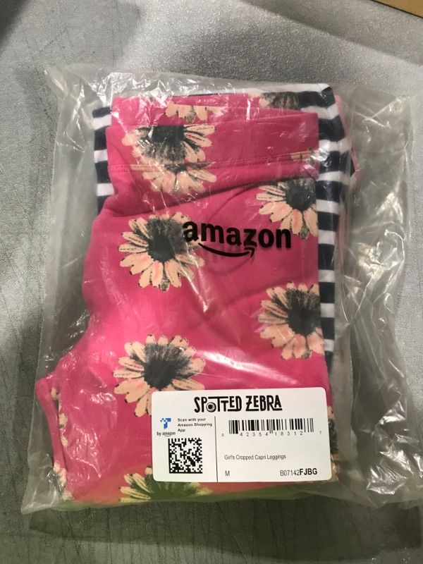 Photo 2 of Amazon Essentials Girls and Toddlers' Cropped Capri Leggings (Previously Spotted Zebra), Multipacks 4 Grey/Navy Stripe/Light Pink/Rose Flowers Medium