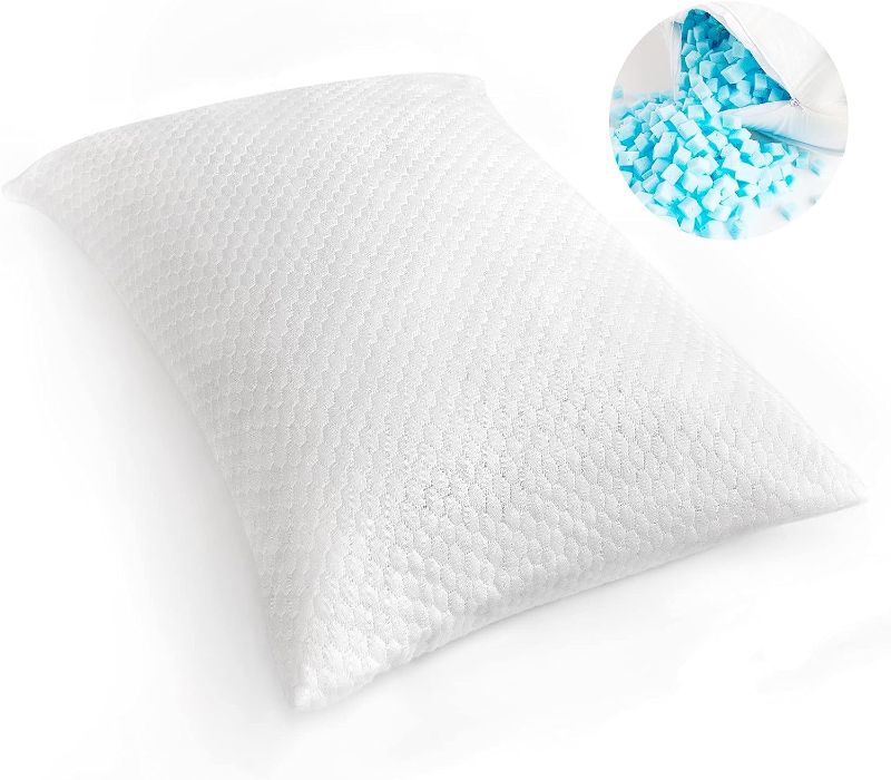 Photo 1 of  Memory Foam Pillow with Washable Removable Bamboo Cover, Adjustable Soft Pillow for Side Back Stomach Sleepers, Shredded Foam Breathable & Supportive & Firm Thin Bed Pillows Queen Size, White