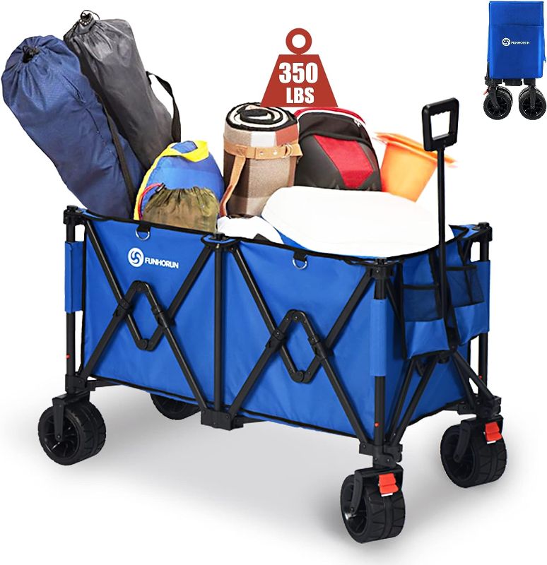 Photo 1 of FUNHORUN Beach Wagon Cart, Heavy Duty Collapsible Wagon Foldable with Big Detachable PU Wheels for Sand, Utility Garden Carts with Brake for Grocery, Outdoor, Load up to 350LBS 250L, Blue