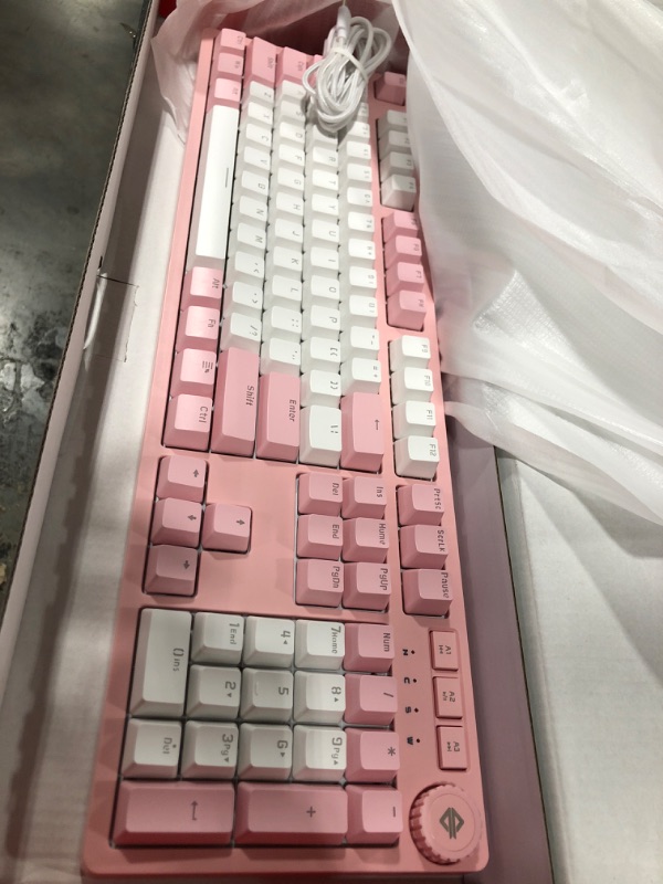 Photo 2 of AK515 Wired Mechanical Gaming Keyboard – Brown Switches - PBT Keycaps – Pink-White Matching – White Backlit - Magnetic Suction Panel - Multimedia Keys Roller – for Windows Computer Office Gaming PC
