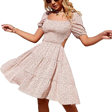 Photo 1 of Byinns Women's Drawstring Mini Dress Sweetheart Neckline Smocked Flowy Dress Puff Long Sleeve Ruffle Cute Wedding Guest Dress
