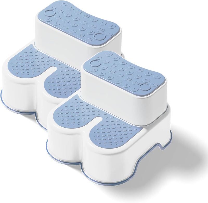 Photo 1 of  Kids Step Stool - Lightweight and Easy to Clean - Toilet Stool/Dual Height & Wide Two Adjustable Step Stool for Toddler (Blue White 2 Pack)