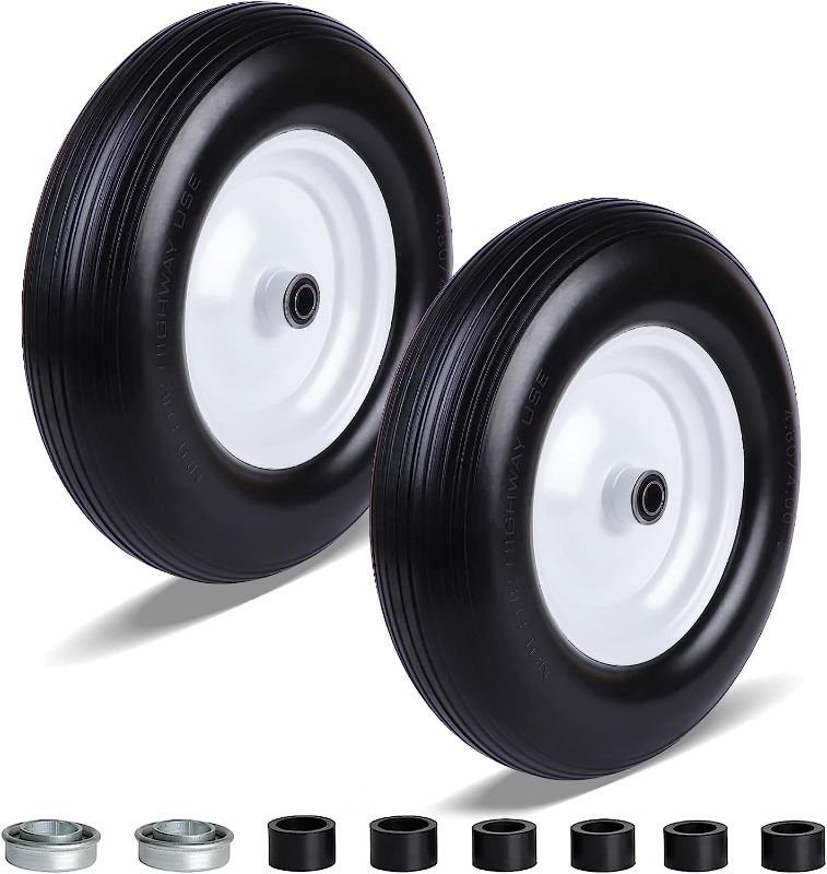 Photo 1 of 2 Pack 4.80/4.00-8 Flat-Free Wheelbarrow Cart 16" Solid Rubber Wheel Barrel Tires Non-Slip Center Hub 3.25"-6", Installed 3/4" Bearing with Extra 5/8" Bearing for Yard Cart Garden Wagon