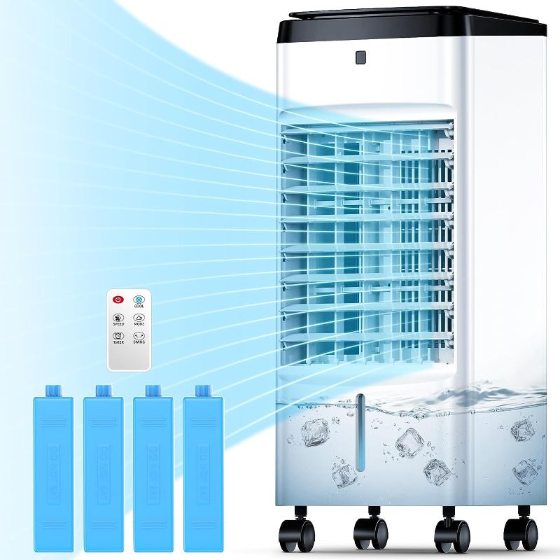 Photo 1 of  Evaporative Air Cooler, 3-IN-1 Air Conditioner Portable for Room w/ 4 Modes & 3 Speed, 12H Timer, 1 Gal Detachable Water Tank, 4 Ice Packs, Remote, 70° Oscillation Air Cooler for Bedroom Indoor