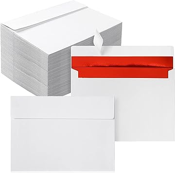 Photo 1 of Teling 150 Pcs A7 Envelopes 5 x 7 Foil Lined Invitation Envelope 150 GSM Heavyweight Foil Square Envelopes Peel Stick Seal for Wedding Invitations Birthday Graduation (White, Red Foil) 