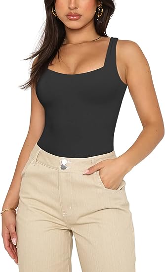 Photo 1 of Berryou Bodysuit for Women Square Neck Hollow Back Waist Sleeveless Tank Tops Sexy Sweet Bodysuits - SMALL