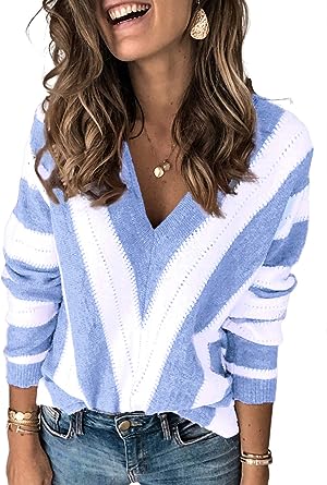 Photo 1 of Asvivid Women's 2023 Spring Long Sleeve V Neck Color Block Striped Pullover Sweater Tops MEDIUM 
