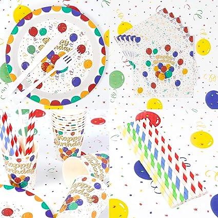 Photo 1 of 162PCS Happy Birthday Disposable Party Favors with Birthday Plates Cups Napkins Tablecloth Straws Birthday Party Supplies for Kids Birthday Party Decoration, 20 Guests (Happy birthday)
