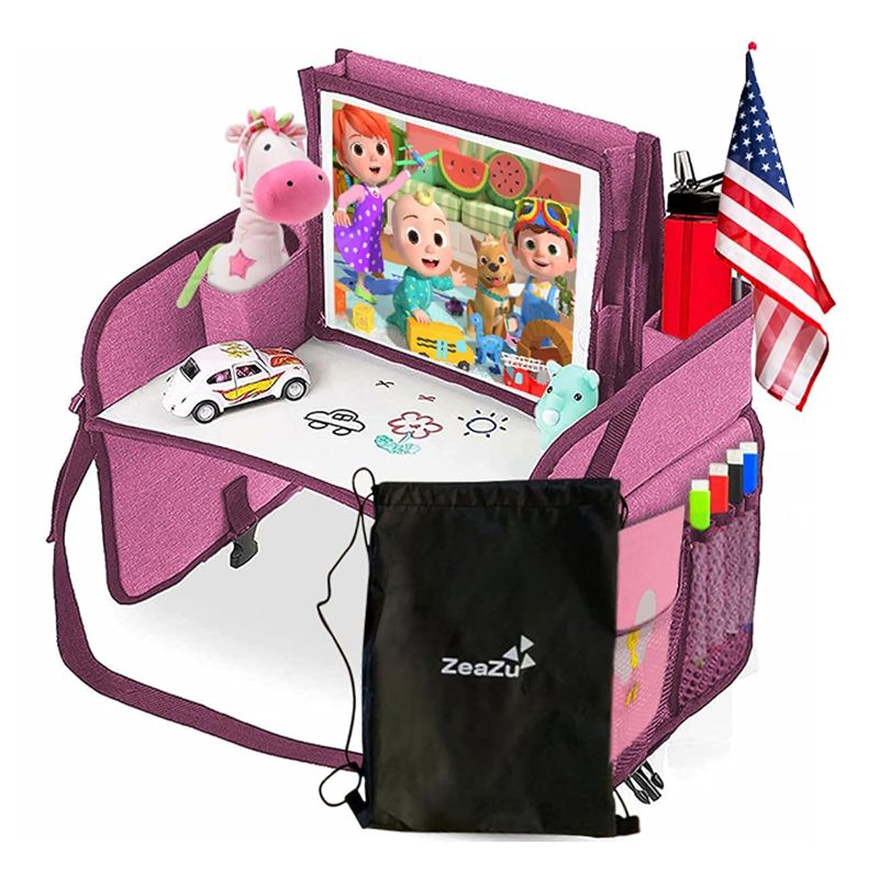 Photo 1 of ZEAZU Kids Travel Tray with Bag - Toddler Car Seat Tray, Foldable Lap Travel Table Desk with iPad Holder, Drawing Board, Storage Pocket Organizer for Child Road Trip, Car Stroller, Airplane - Pink