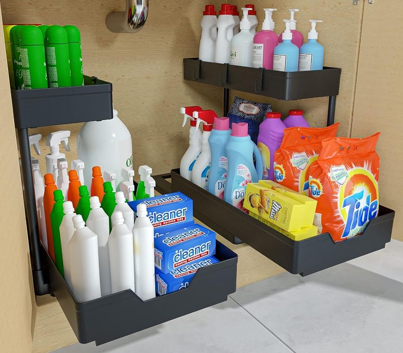 Photo 2 of 2-Tier Under Sink Organizers and Storage 2 Pack Sliding L-shape Under Bathroom Kitchen Cabinet Organizers Narrow Space Storage Multi-purpose Sink Organizer for Bathroom Kitchen Drawer(Black 2 Pack)