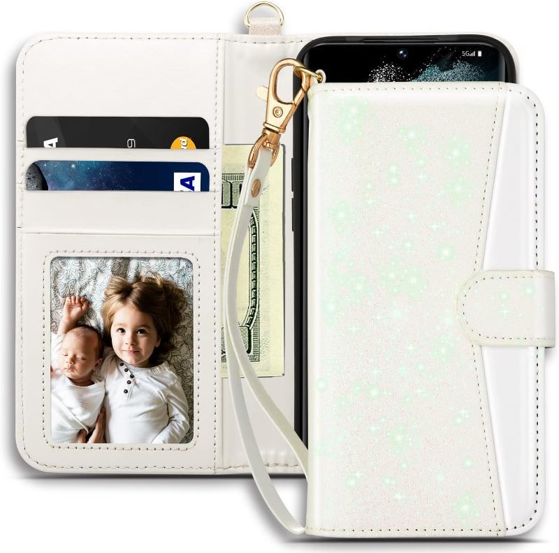 Photo 1 of Coolwee Wallet Case Compatible Galaxy S22 Flip Folio Cover with Card Slots Kisckstand Wrist Strap Girls Women Glitter PU Leather Compatible with Samsung Galaxy S22 White Glitter