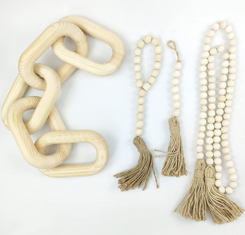 Photo 1 of 4 Pieces Wood Chain Link Decor Hand Carved 5 Link Chain Wooden Beads Garland Set Wood Bead Tassels String for Home Decoration Farmhouse(Natural)
