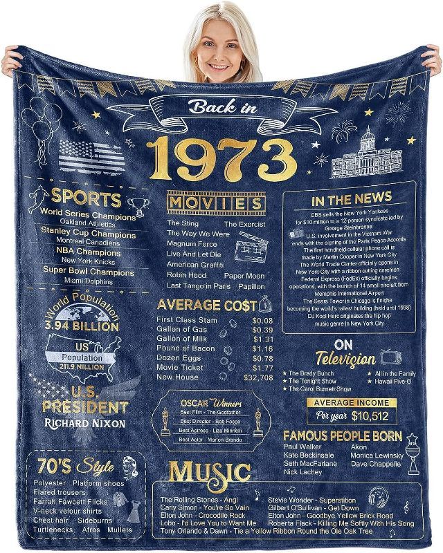 Photo 1 of  Happy 50th Birthday Gifts for Men Women Blanket 1973 50th Birthday Anniversary Weeding Decorations Turning 50 Year Old Bday Gift Idea for Husband Wife Dad Mom Back in 1973 Throw Blanket 60Lx50W Inch
