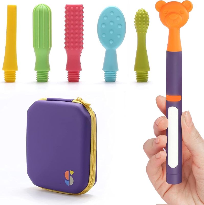 Photo 1 of BUZZ BUDDY™ Oral Stimulation Kit with 6 Soft Textured Interchangeable Heads, Calm Sensory Needs, Support Speech, and Stimulate Self Feeding, Gentle Vibrations