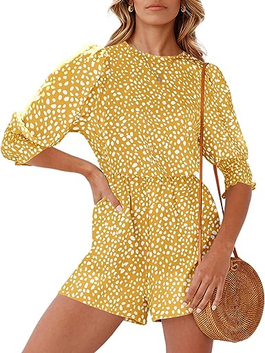 Photo 1 of [Size 2XL] DOBULO Women's Summer Casual Dots Printed Crew Neck  Rompers Puff Short Sleeve Beach Jumpsuit 