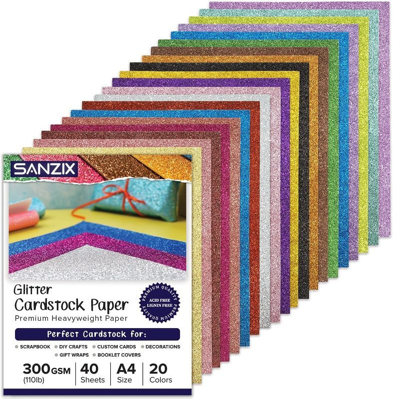 Photo 1 of SANZIX Glitter Cardstock - 40 Sheets - 20 Colors - 110lb. 300 GSM - 8.2x11.7 Inch Heavyweight Glitter Paper Cardstock for Cricut, Scrapbook, DIY Crafts, Decor, Gift Wraps, Booklet Covers, Custom Cards
