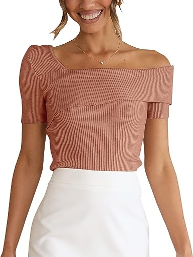 Photo 1 of [Size M] Imily Bela Womens Off Shoulder Tops 2023 Summer Short Sleeve Ribbed Knit Slim Wrap Shirts Sexy Going Out Sweater Top
