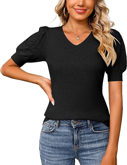 Photo 1 of [Size L] Imily Bela Womens Puff Short Sleeve Sweaters Tops Fitted Lightweight V Neck Ribbed Knit Soft Pullover Sweater - Black
