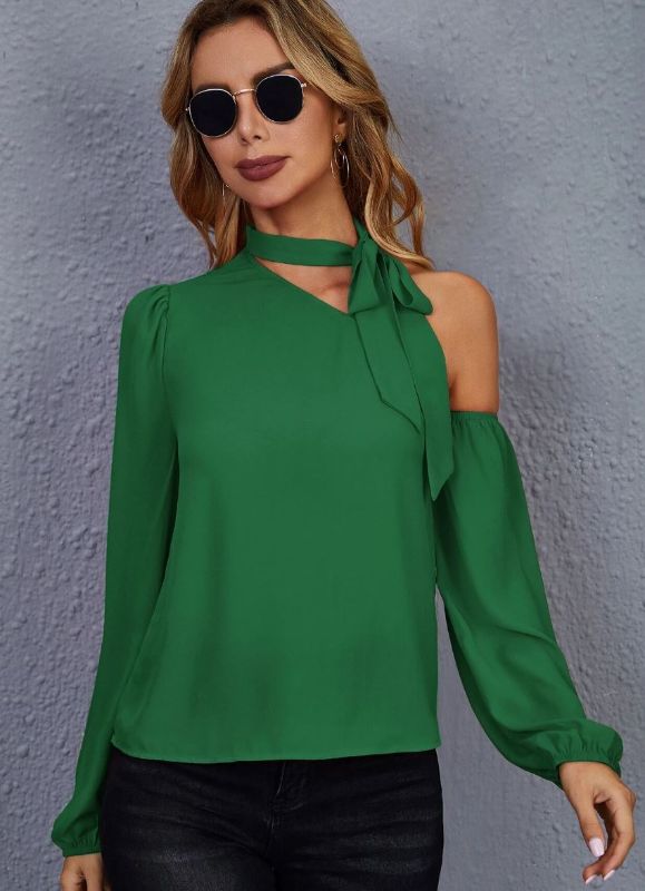 Photo 1 of [Size 2XL] Ladies Flowy Green Blouse- Off Shoulder Long Sleeves