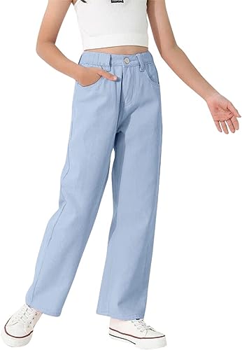 Photo 1 of [Size 8] PLNOTME Girls' Baggy Jeans High Rise Elastic Waist Straight Leg Washed Denim Pants 