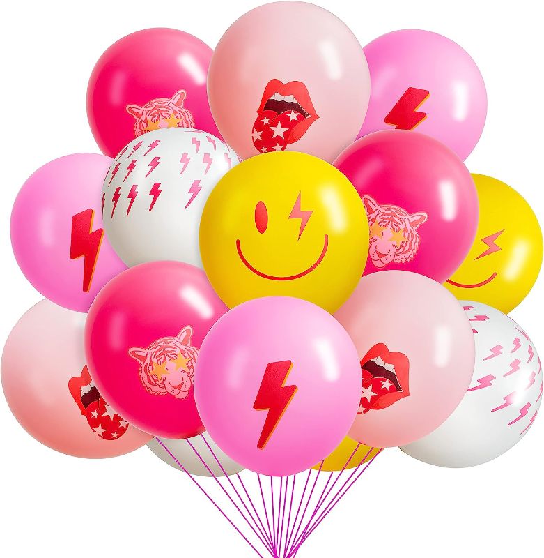 Photo 1 of 60 Pcs Preppy Y2k Hot Pink Party Balloons Smile Face Lightning 12inch Latex Balloon with Ribbon Retro Decoration Supplies for Teen Girls Birthday Bachelorette Early 2000s Theme Party