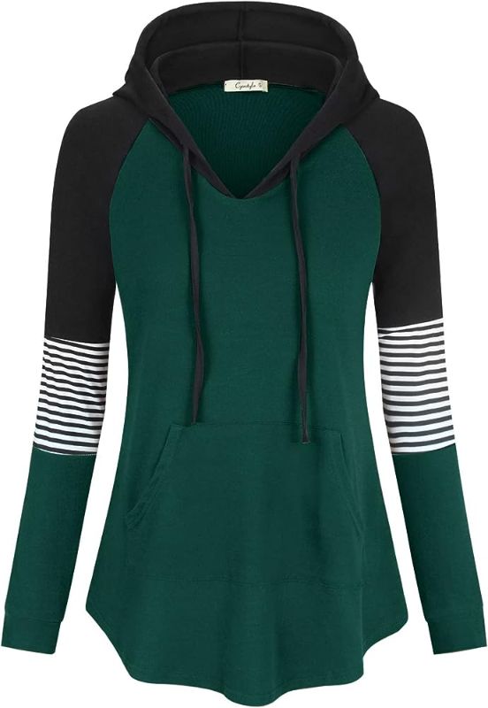 Photo 1 of [Size L] Women V Neck Hoodie Color Block Striped Casual Long Sleeve Sweatshirt Deep Green Large