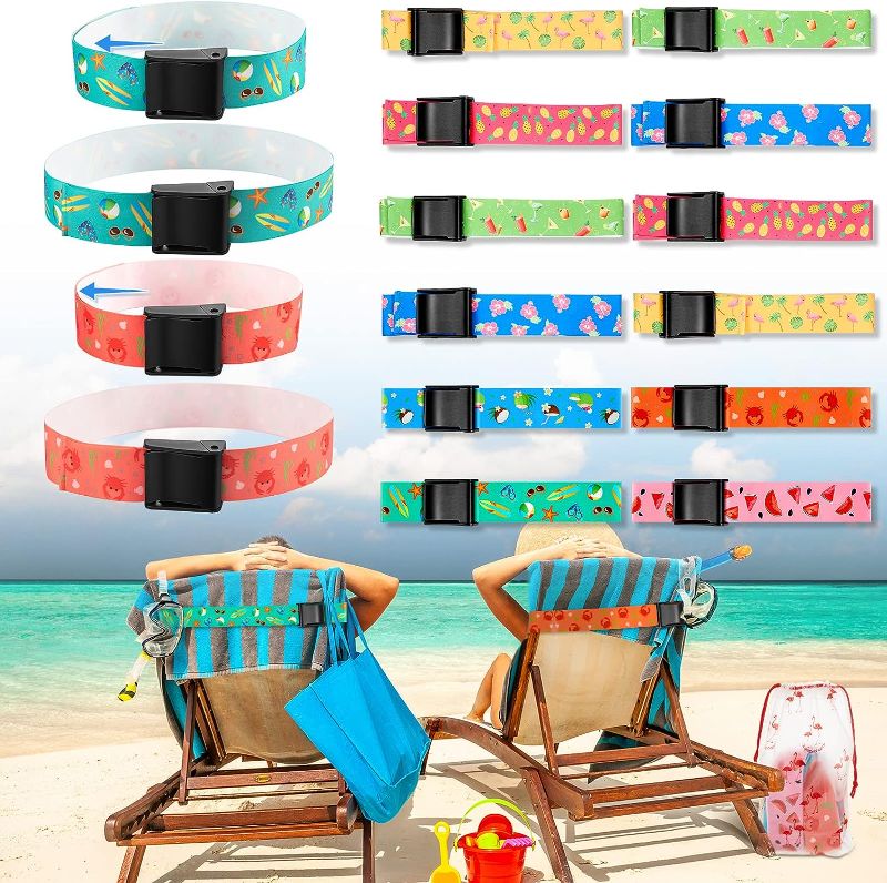 Photo 1 of 12 Pack Towel Bands for Beach Chairs Towel Clips for Pool Chairs with Storage Bag Lounge Beach Cruise Chair Towel Strap Holder Elastic Windproof Beach Accessories for Summer (Novel Style) 