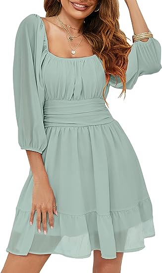 Photo 1 of [Size XL] Hount Womens Casual Summer Dresses Square Neck Tie Back Smocked High Waist Ruffle Chiffon A-Line Babydoll Beach Mini Dresses- Mint