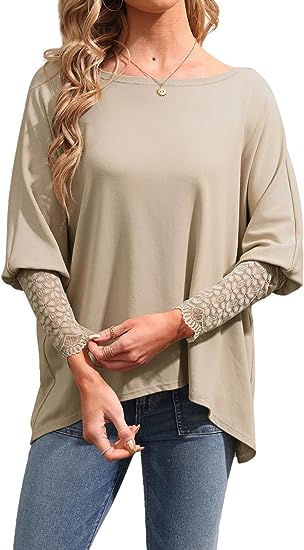 Photo 1 of [Size M] Bigyonger Womens Long Sleeve Lace Tops Boat Neck Solid Loose Soft Causal Blouse Tunic Shirts
